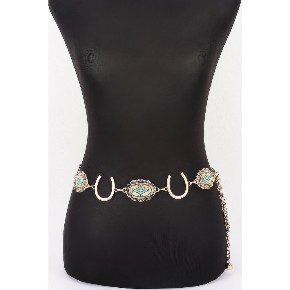 Horseshoe Concho Chain Belt Womens OS Gold Turquoise New Western Boho
